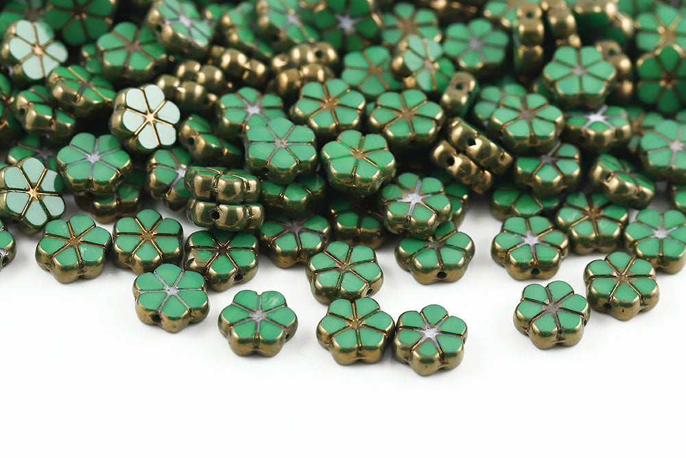 Flowers 10mm Opaque Green Violet Luster 1-Hole Czech Beads