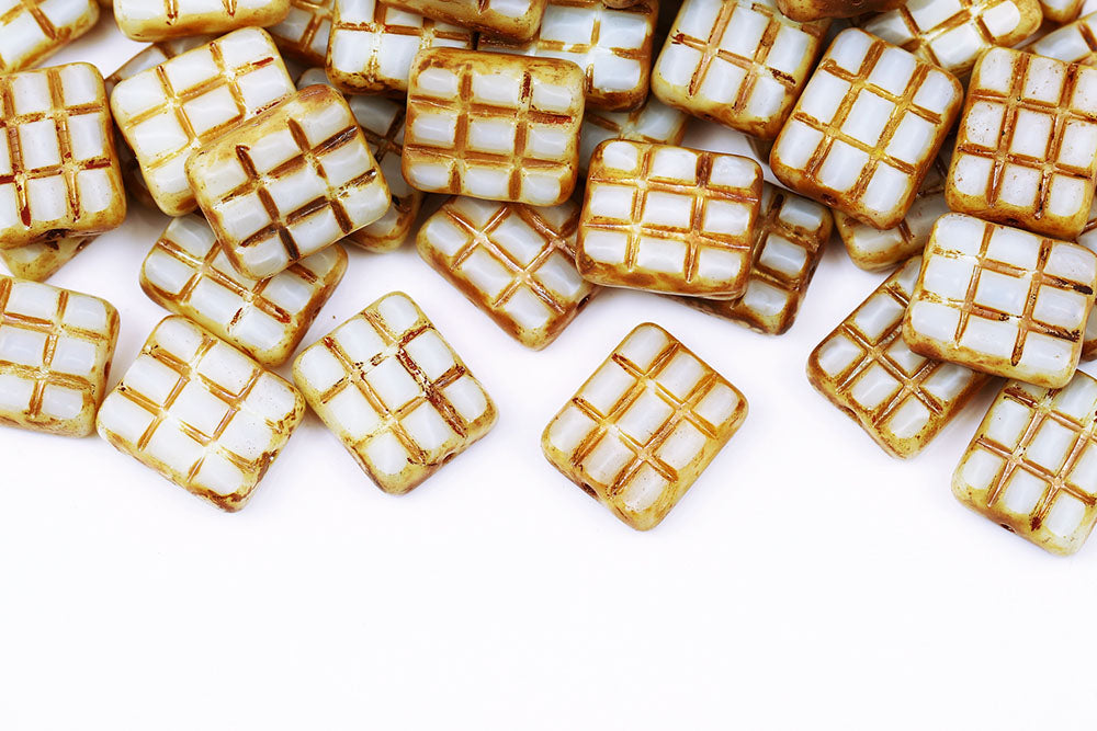 Waffles 15×13mm Silk Egg White Travertin 1-Hole Czech Beads