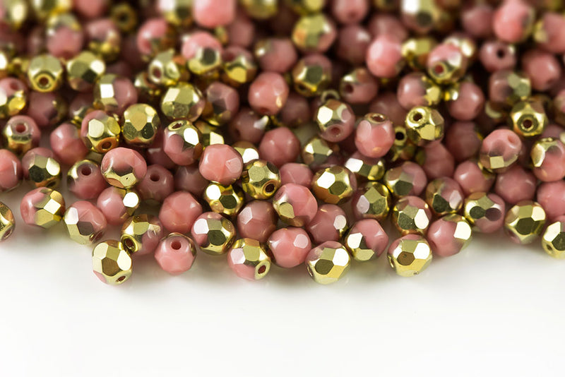 Czech Fire Polished 4mm Opaque Drak Pink Amber Round Beads