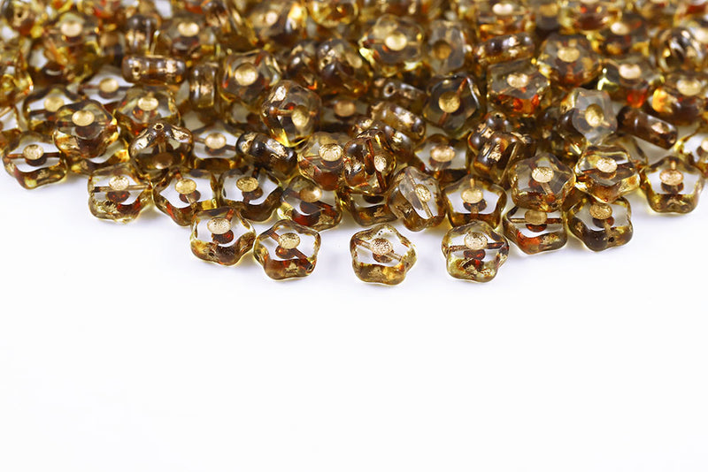 Forget Me Not 11mm Crystal Travertine With Gold 1-Hole Czech Beads