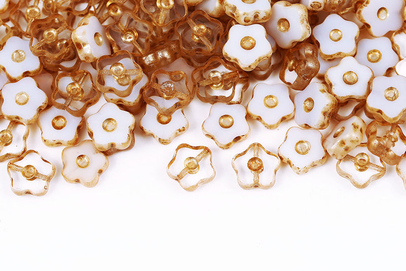 Forget Me Not 11mm Crystal Chalk Mixed Gold Finish 1-Hole Czech Beads