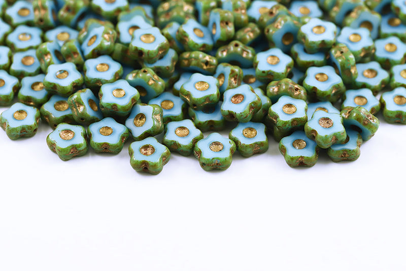 Forget Me Not 11mm Silk Aqua Travertine With Gold 1-Hole Czech Beads