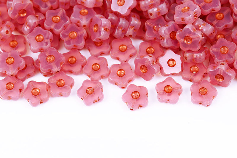 Forget Me Not 11mm Opal Lt.Pink With Copper 1-Hole Czech Beads