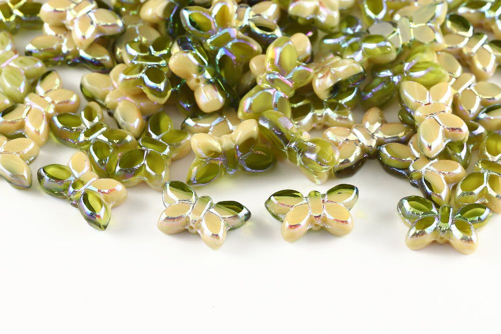 Butterfly 20x12mm Opaque Lvory Olivine Mixed AB Full 1-Hole Czech Beads