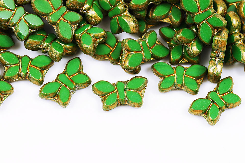 Butterfly 20x12mm Opaque Green Gold Finish 1-Hole Czech Beads