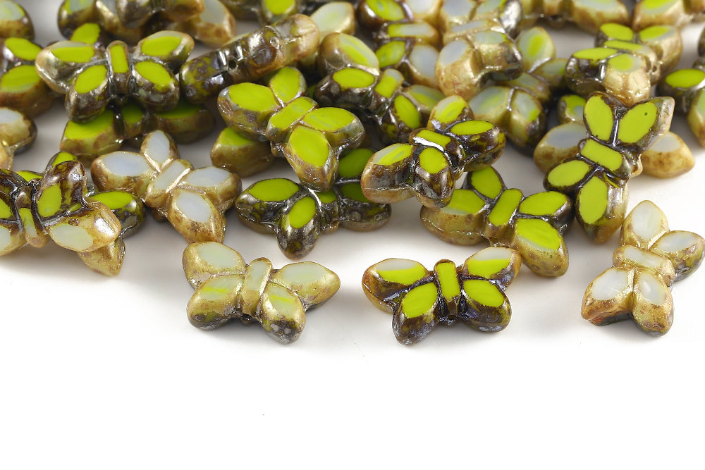 Butterfly 20x12mm Opaque Olivine Opal Mixed Rembrandt 1-Hole Czech Beads