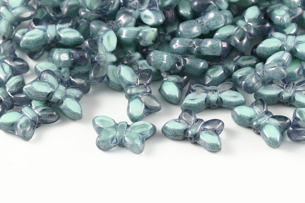 Butterfly 20x12mm Crystal Chrysolite Mixed Blue Luster 1-Hole Czech Beads