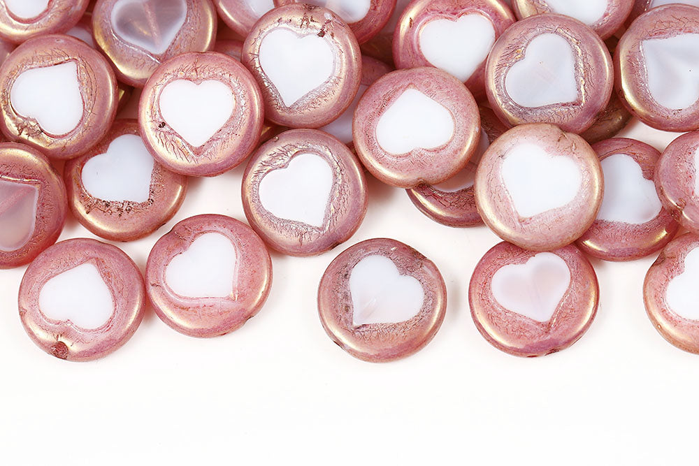 Heart Coins 17mm Opal White Red Luster 1-Hole Czech Beads