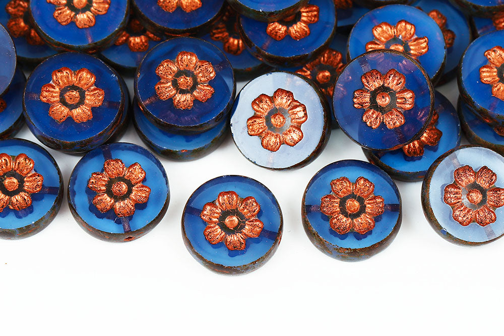 Flowers Coins 16mm Opal Blue Travertin With Copper 1-Hole Czech Beads