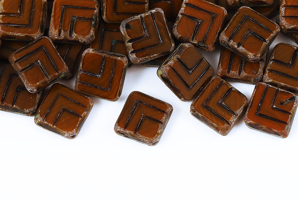 Squared Designed 14×14mm Silk Chocolate Travertine 1-Hole Czech Beads