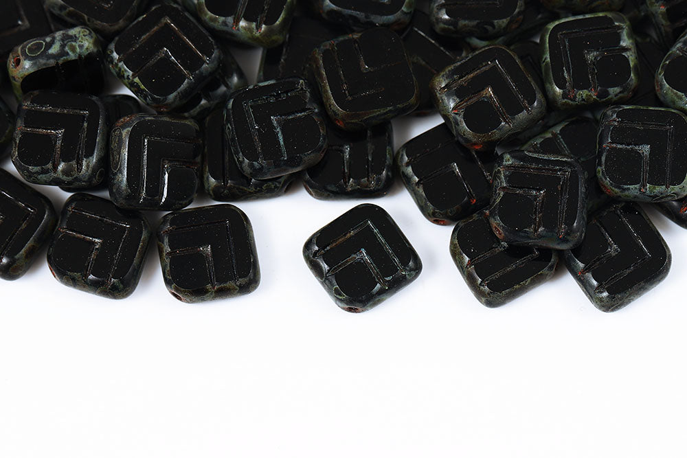 Squared Designed 14×14mm Black Travertine 1-Hole Czech Beads