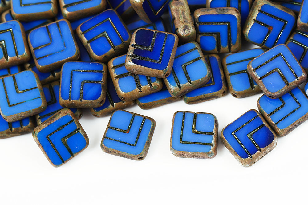Squared Designed 14×14mm Opaque Blue Picasso 1-Hole Czech Beads