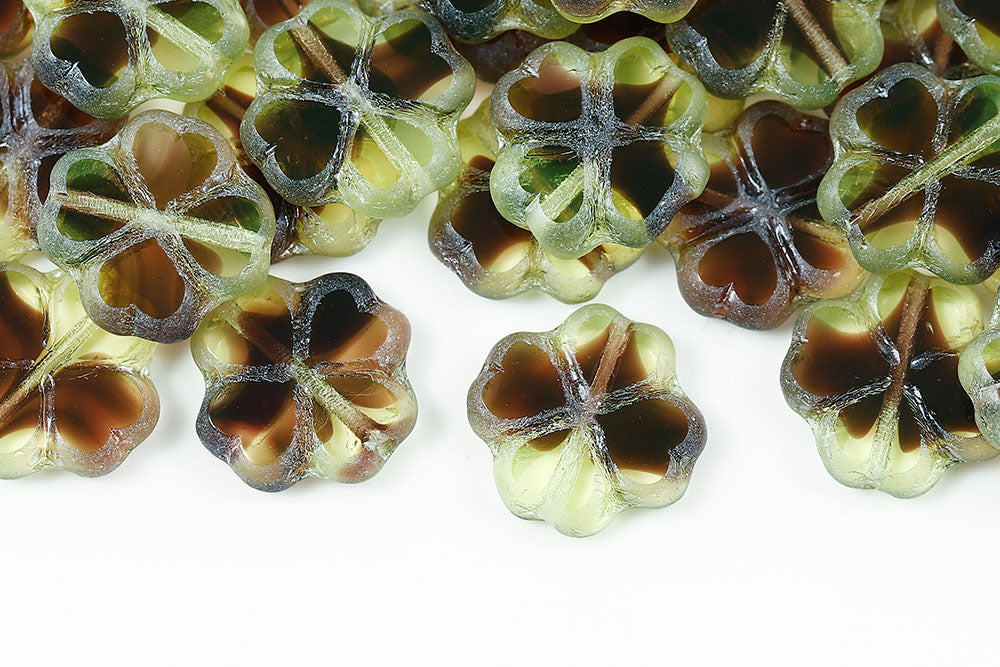 Cloverleaf 15mm Green Black Mixed Luster 1-Hole Czech Beads