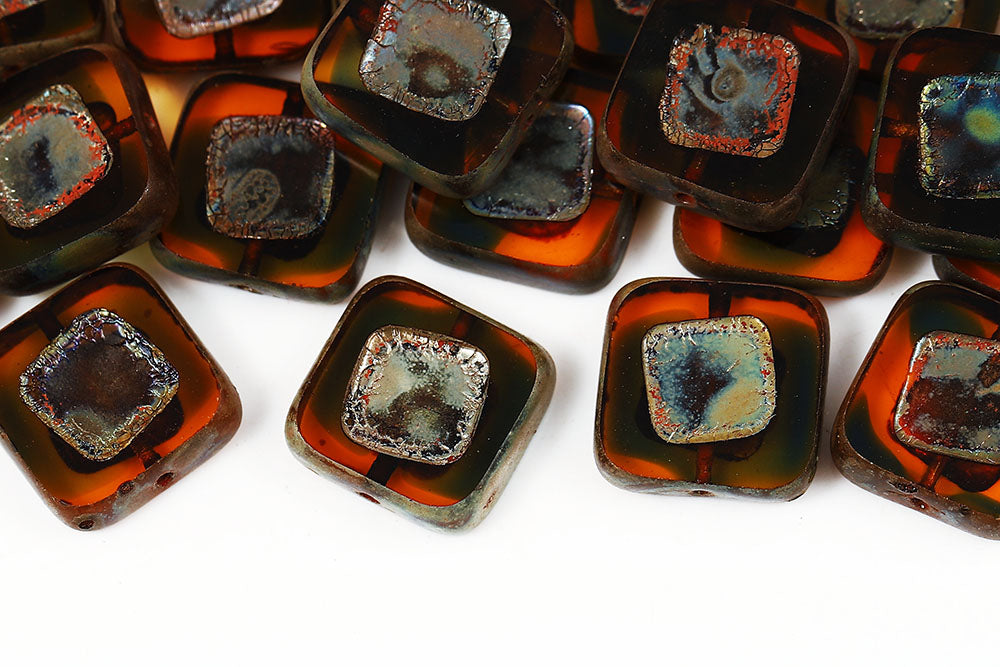 Geometric Square 14×14mm Topaz Blue Mixed Picasso 1-Hole Czech Beads