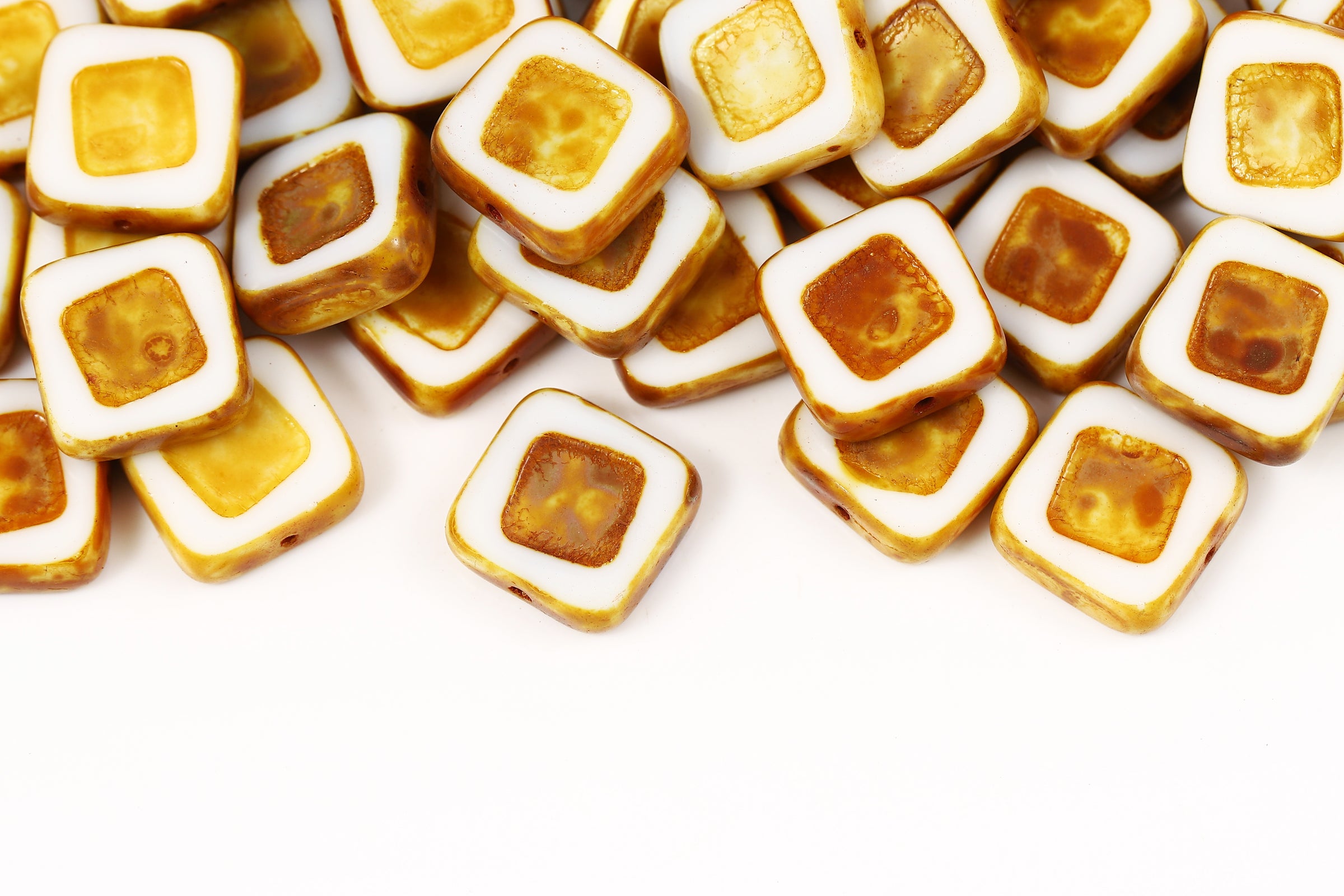 Geometric Square 14×14mm Silk Egg White Travertine 1-Hole Czech Beads