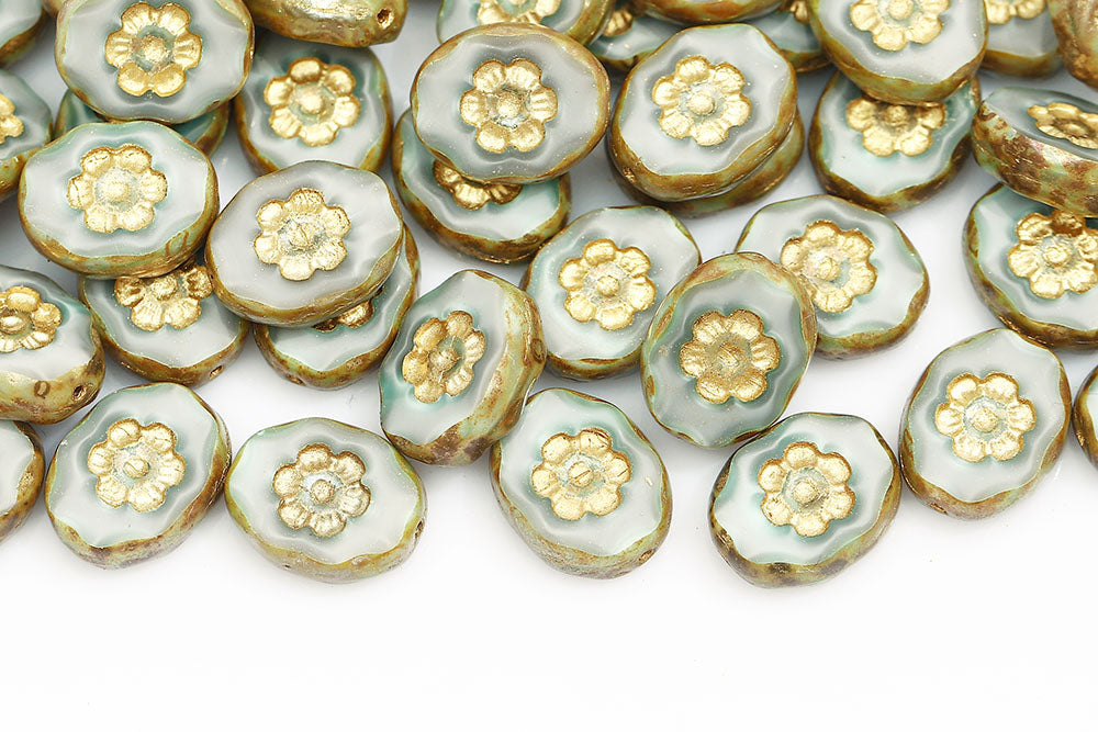 Flower Oval 14×11mm Gray Green Picasso With Gold 1-Hole Czech Beads