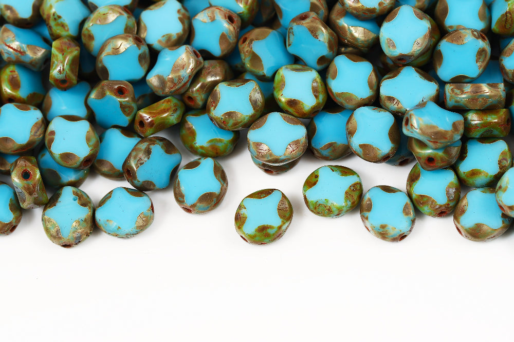 Star Oval 9×8mm Turquoise Blue Picasso 1-Hole Czech Beads