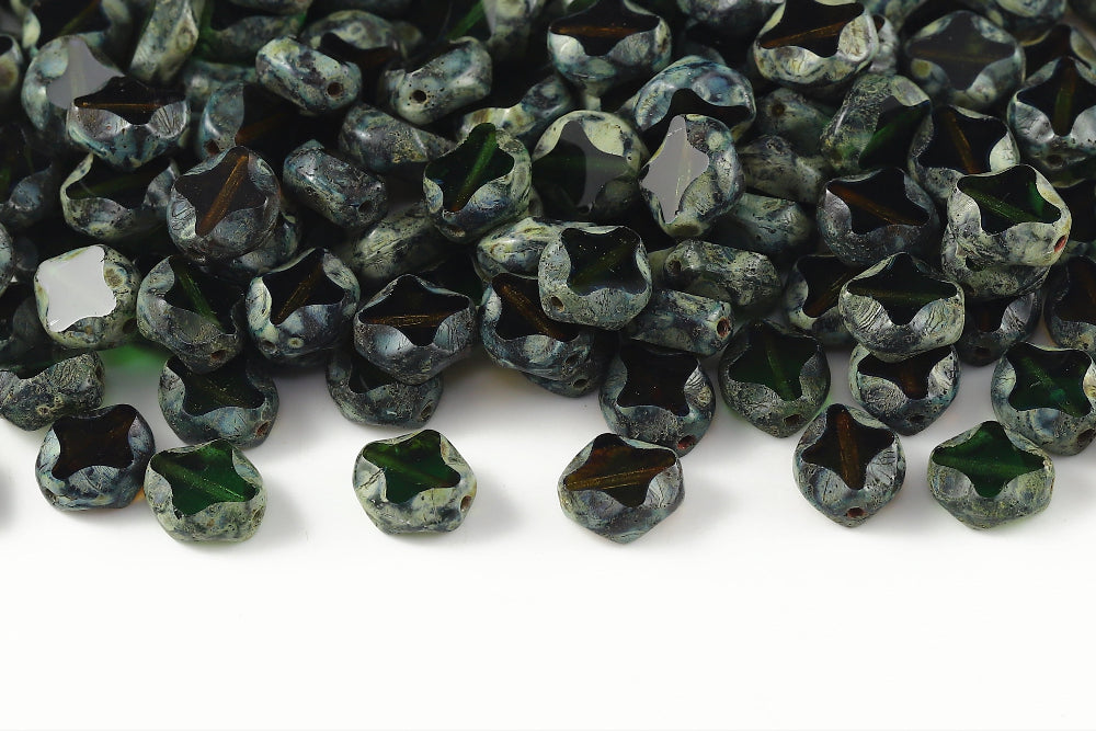 Star Oval 9×8mm MIX GREEN-Travertin 1-Hole Czech Beads