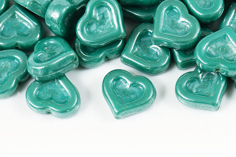 Heart 14×12mm Turquoise Green Luster Czech Glass Beads