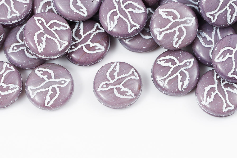Swan 14mm Amethyst Travertin With White 1-Hole Czech Beads