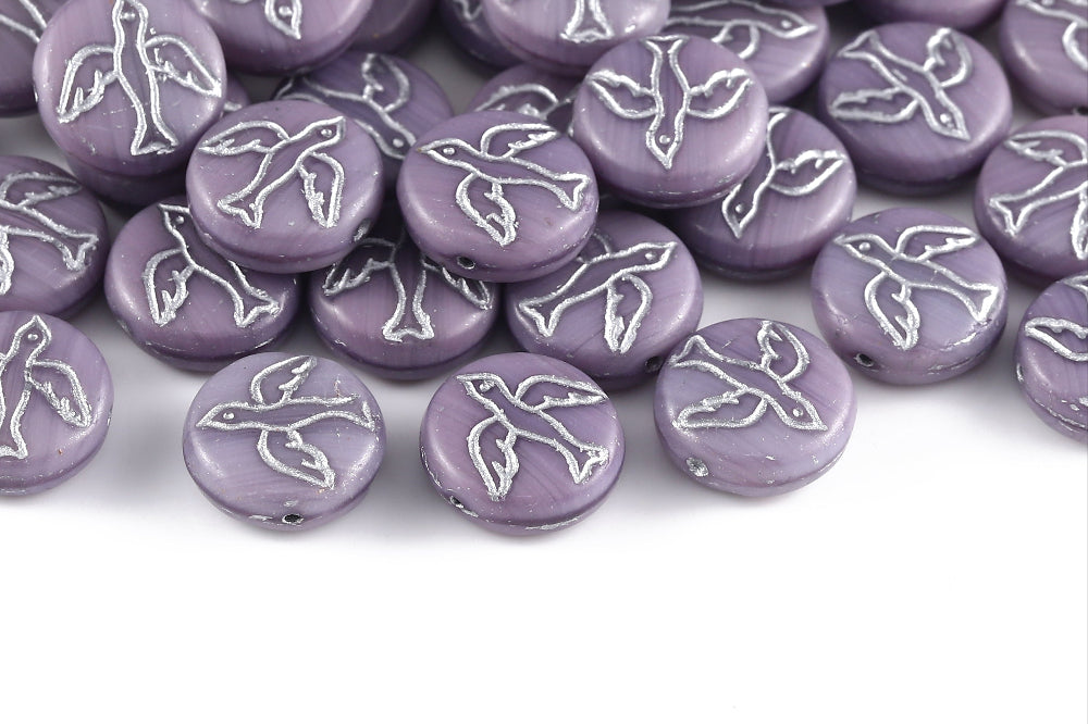 Swan 14mm Amethyst Travertin With Silver 1-Hole Czech Beads