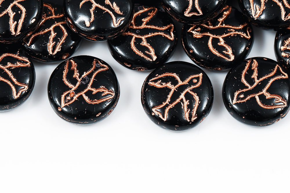 Swan 14mm Jet With Copper 1-Hole Czech Beads