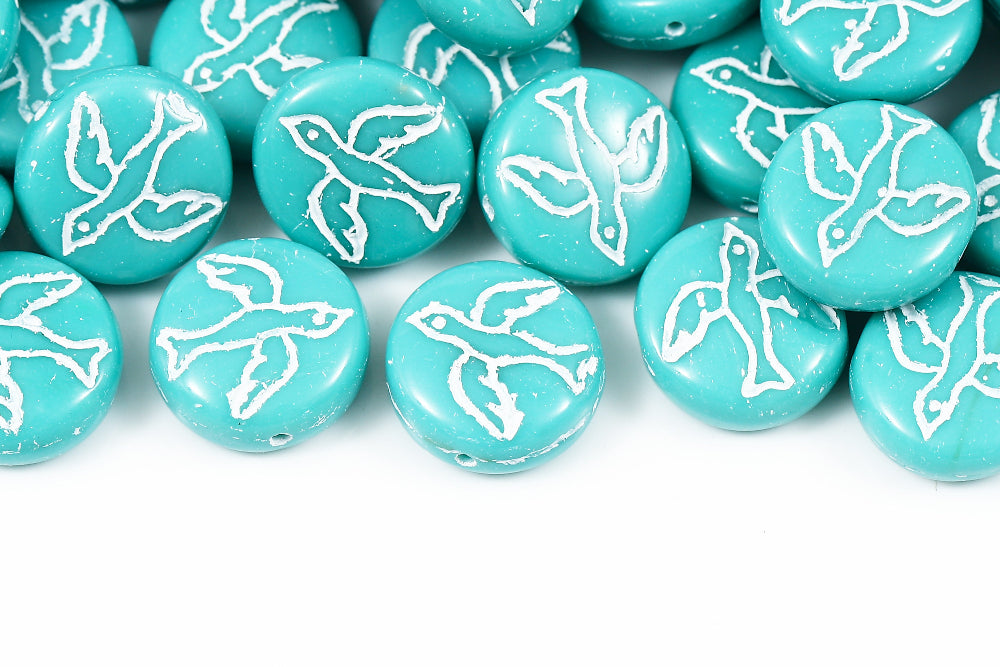 Swan 14mm Opaque Turquoise Green With White 1-Hole Czech Beads
