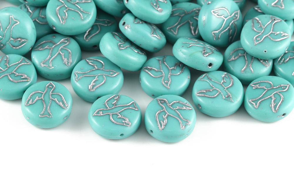 Swan 14mm Opal Blue Green With Silver 1-Hole Czech Beads