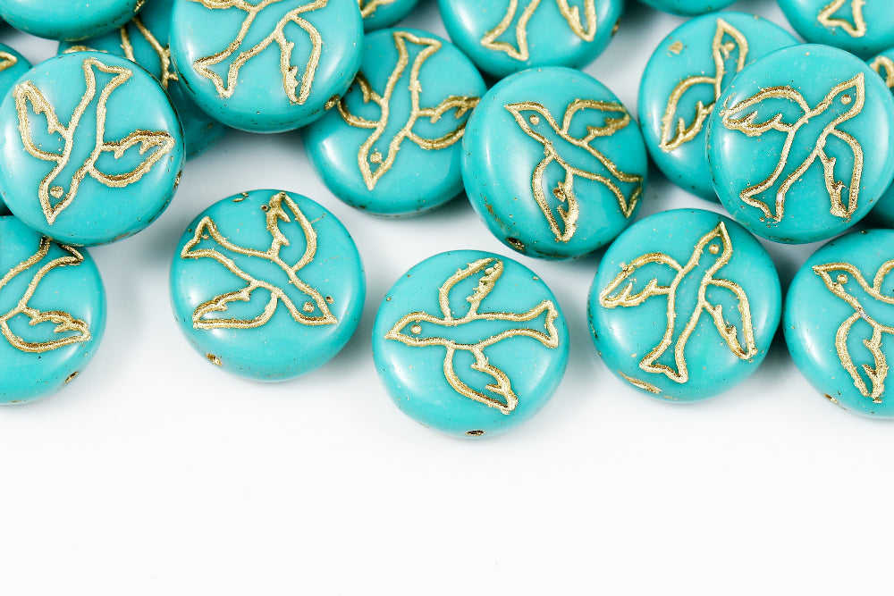 Swan 14mm Opaque Turquoise Green With Gold 1-Hole Czech Beads