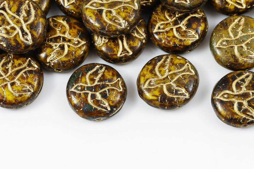 Swan 14mm Lemon Travertin With Gold 1-Hole Czech Beads