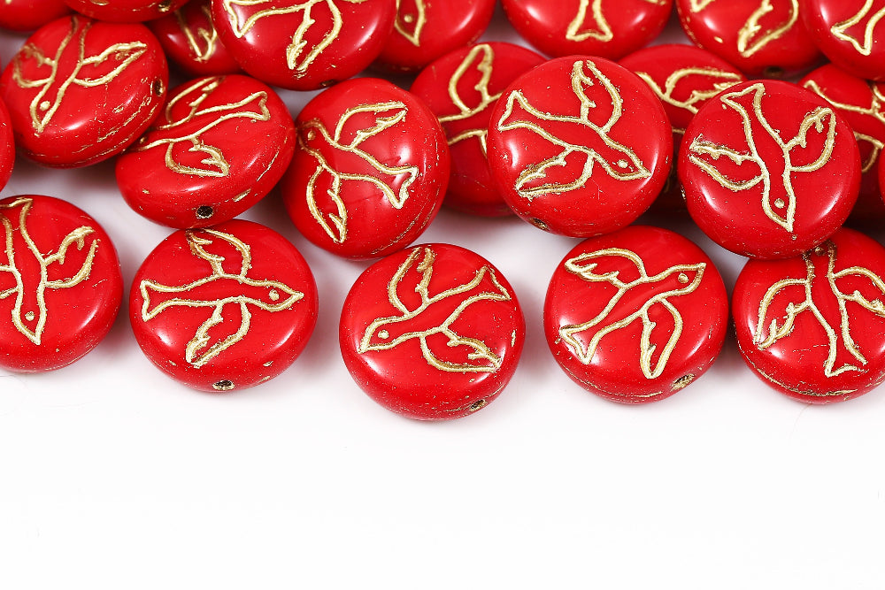 Swan 14mm Opaque Red With Gold 1-Hole Czech Beads