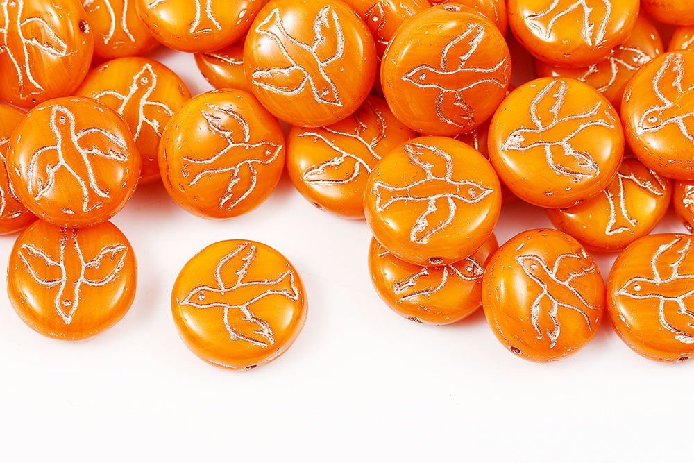 Swan 14mm Opaque Orange With Copper 1-Hole Czech Beads