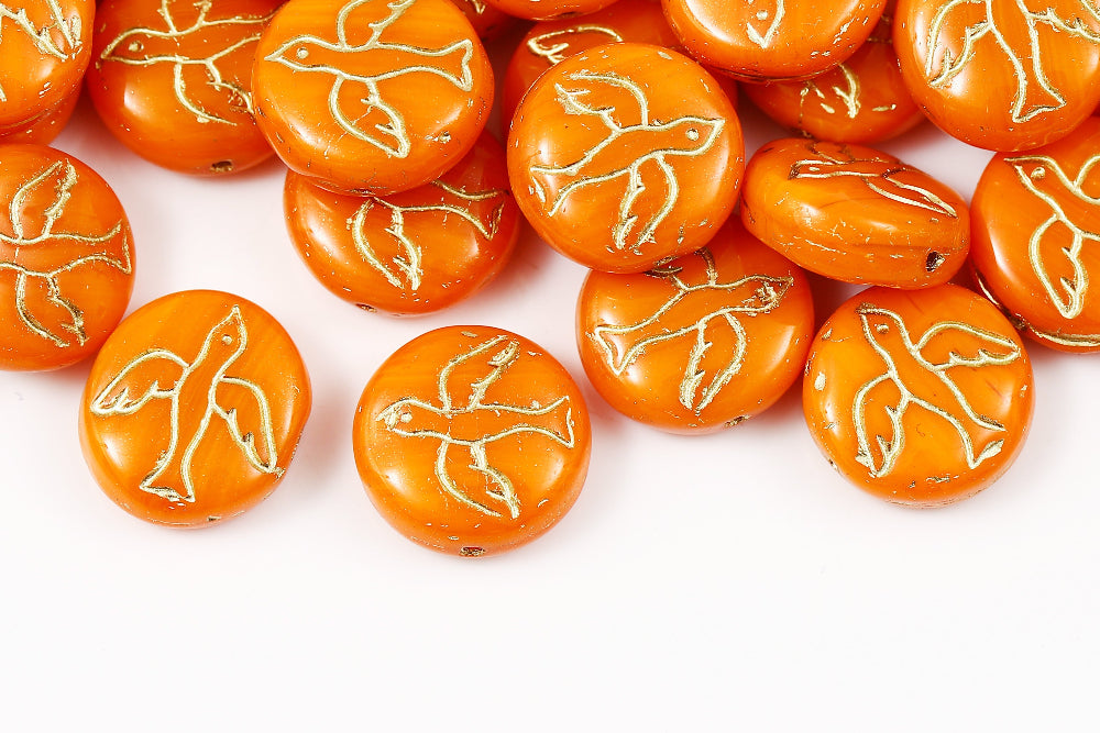 Swan 14mm Orange With Gold 1-Hole Czech Beads
