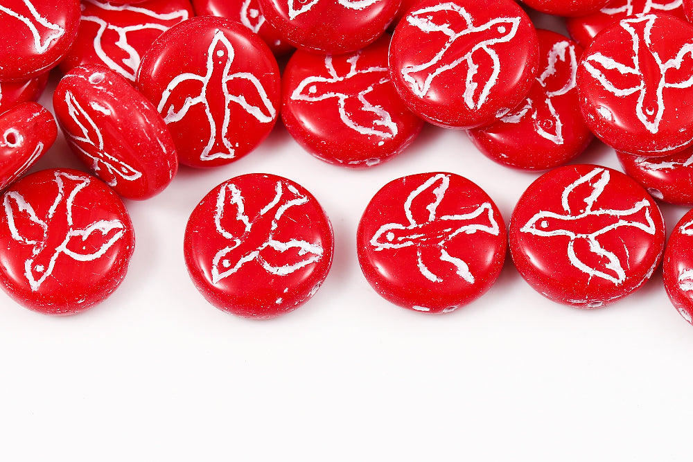 Swan 14mm Opaque Red With White 1-Hole Czech Beads