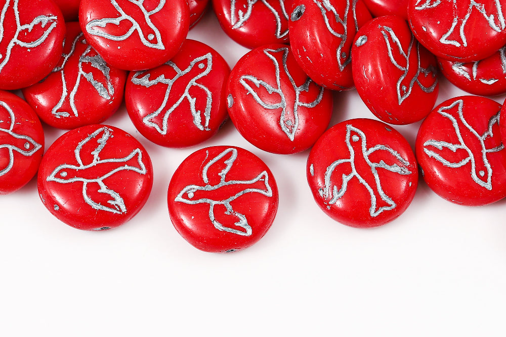 Swan 14mm Coral Red With Silver 1-Hole Czech Beads