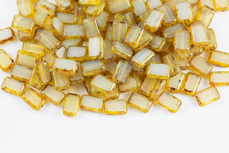 Rectangle 12×8mm Opal Jonquil Travertin 1-Hole Czech Beads