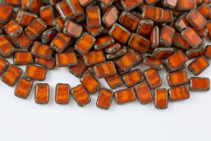 Rectangle 12×8mm Opal Dark Orange Travertin 1-Hole Czech Beads