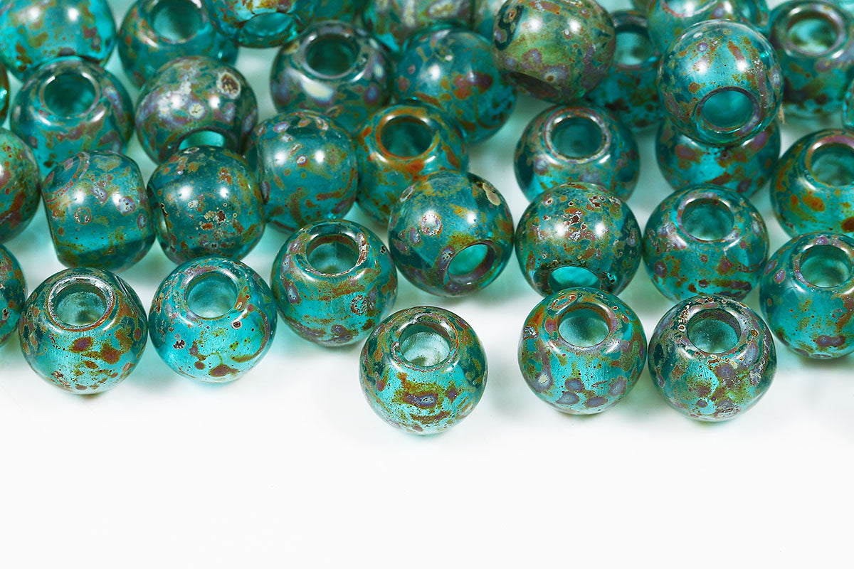 Round 12mm Aqua Travertin Large Hole Czech Beads