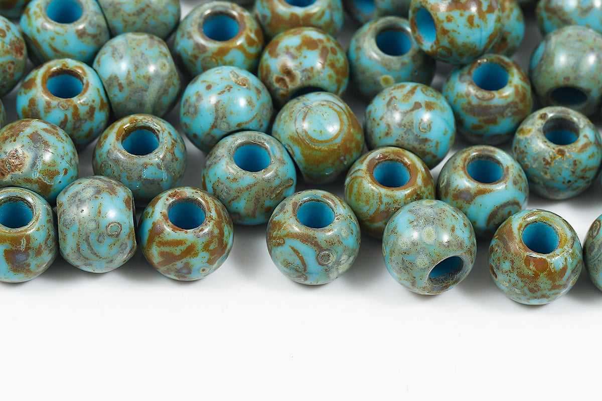 Round 12mm Turquoise Blue Travertin Large Hole Czech Beads