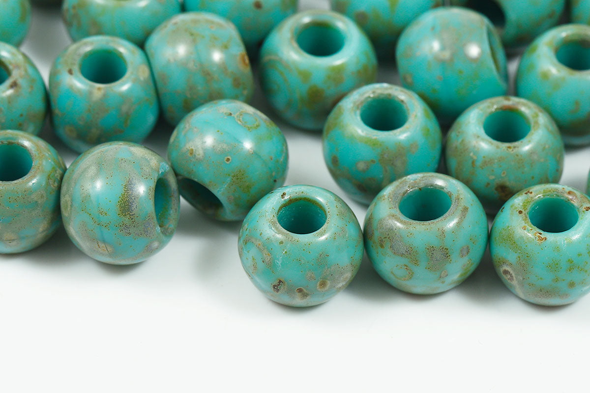 Round 12mm Turquoise Green Travertin Large Hole Czech Beads