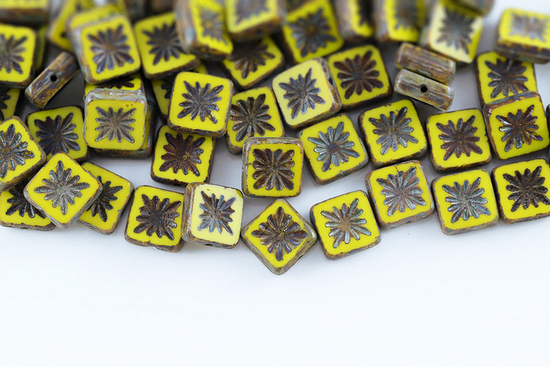 Squared Kiwi 10×10mm Opaque Lemon Travertin 1-Hole Czech Beads