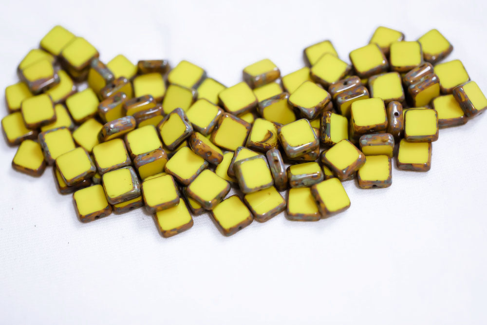 Flat Squared 10×10mm Lemon Travertin 1-Hole Czech Beads