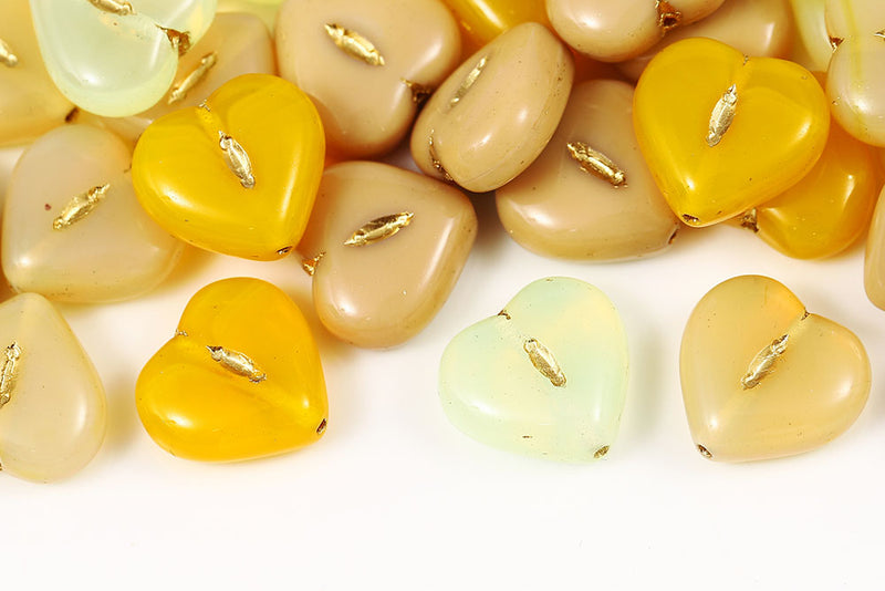 Heart 14mm Beige Mixed With Gold Czech Glass Beads