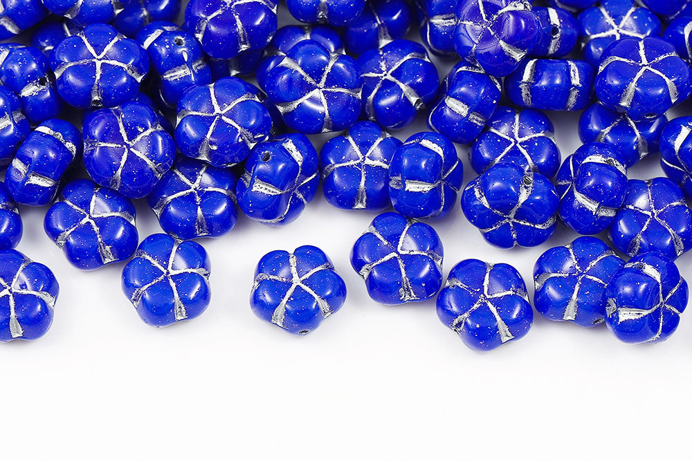 Plum 10mm Opaque Dark Blue With Silver 1-Hole Czech Beads