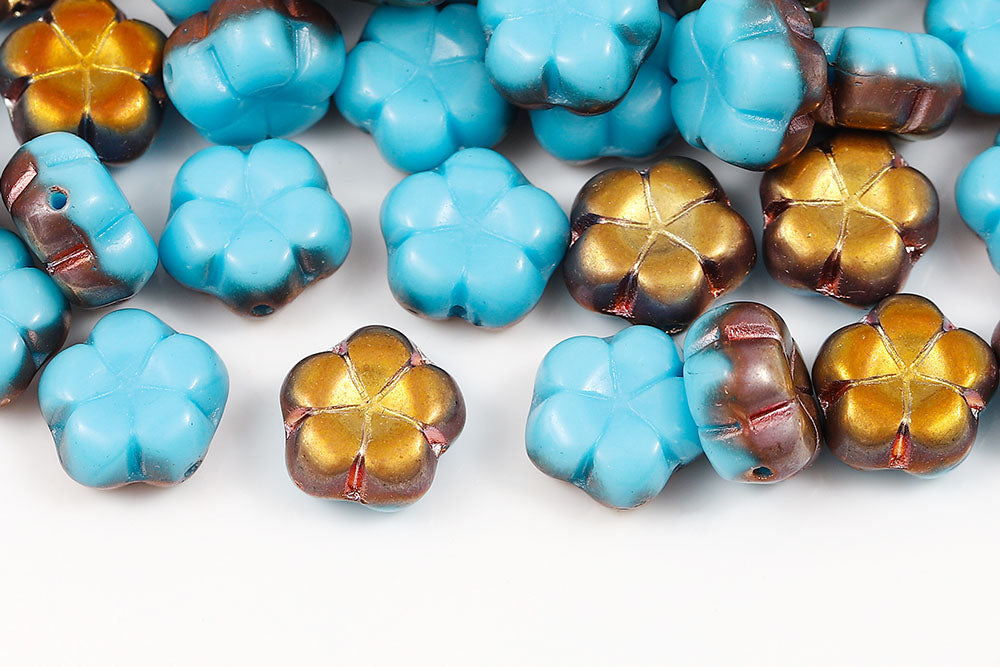 Plum 10mm Opaque Turquoise Blue Capri Gold 1-Hole Czech Beads