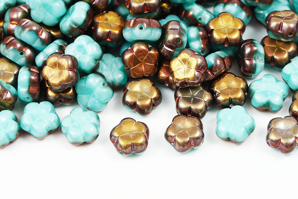 Plum 10mm Opaque Turquoise Green Capri Gold 1-Hole Czech Beads