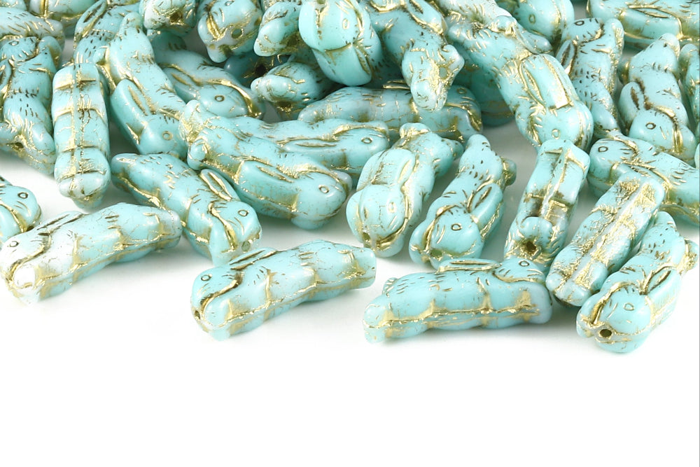 Bunny 23×7mm White Blue With Gold 1-Hole Czech Beads