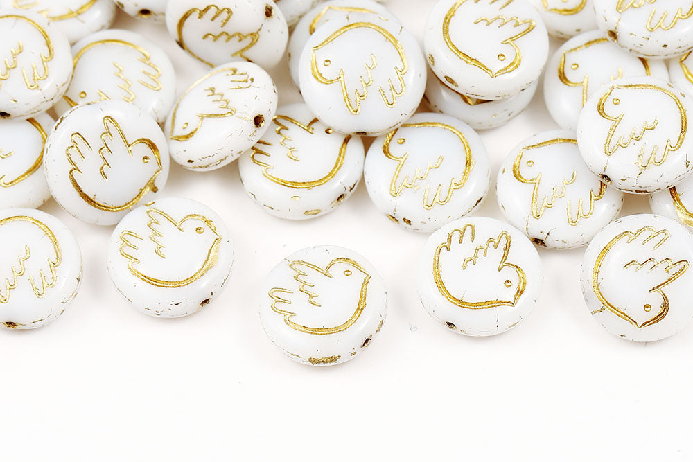 Dove 14mm White With Gold 1-Hole Czech Beads