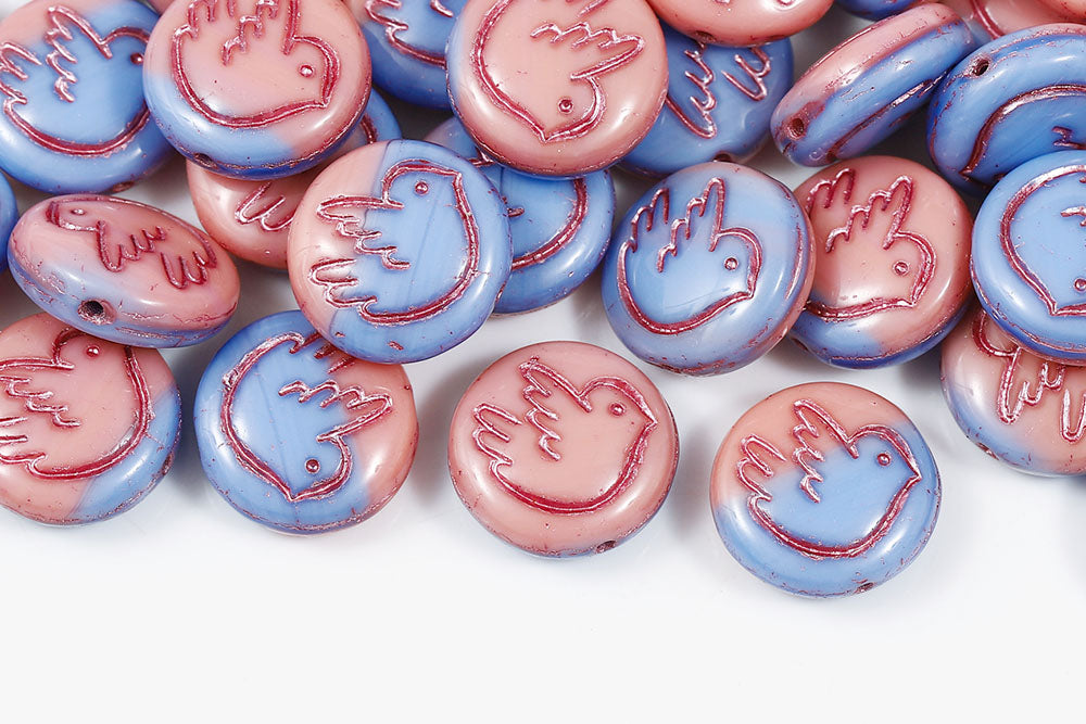 Dove 14mm Pink Blue Mixed With Pink 1-Hole Czech Beads