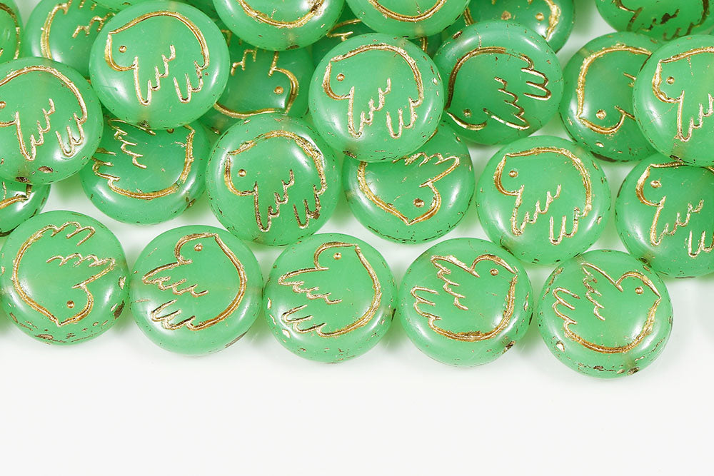 Dove 14mm Opal Green With Gold 1-Hole Czech Beads